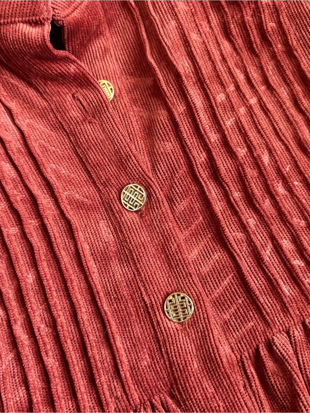 Emily McCarthy Corduroy Dress Rust Geometric Embossed Puff Sleeve Smocked S - Picture 3 of 6